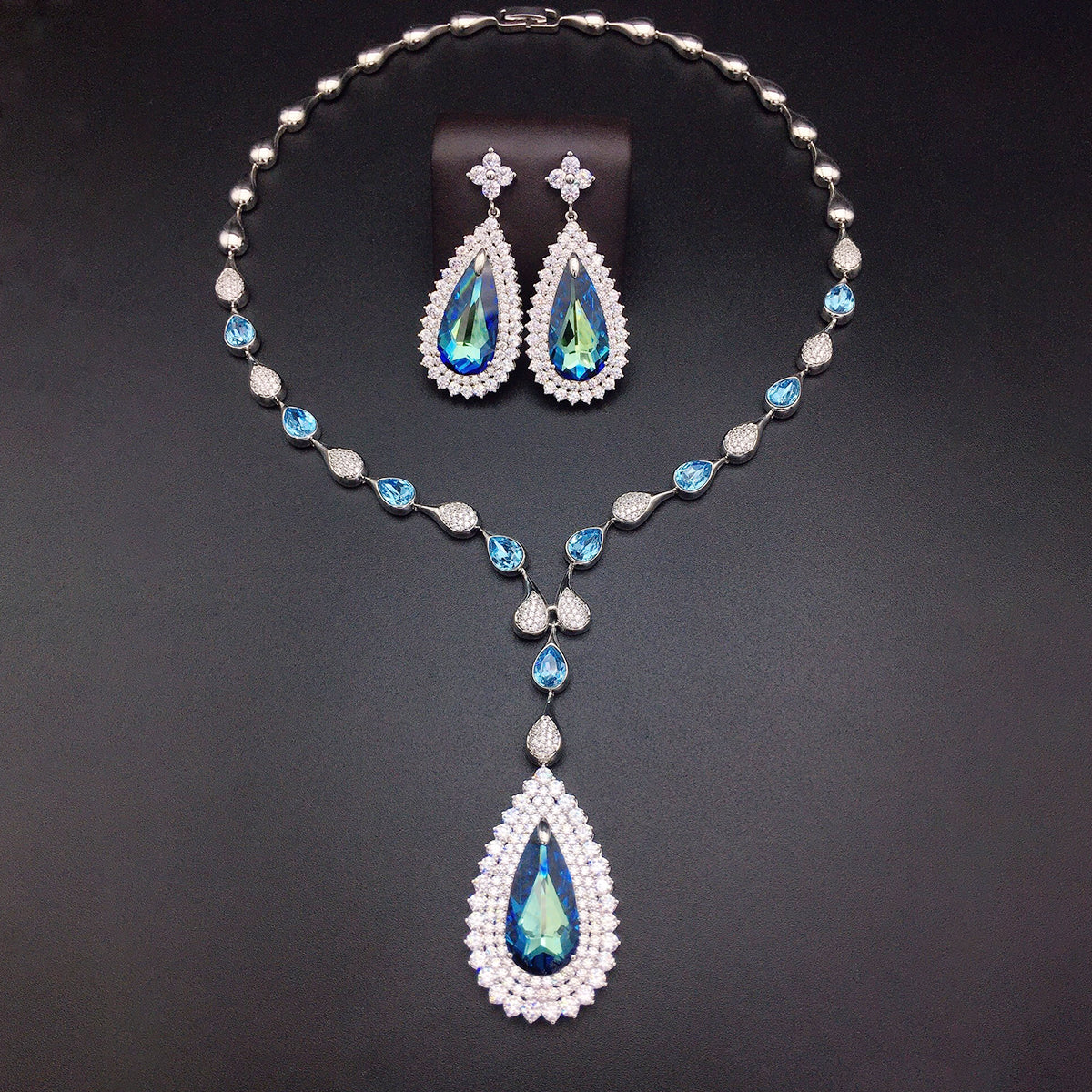 Parure Collier et Boucles d'Oreilles de Luxe en Cristal Autrichien Goutte d'Eau pour Mariage Mariée Soirée