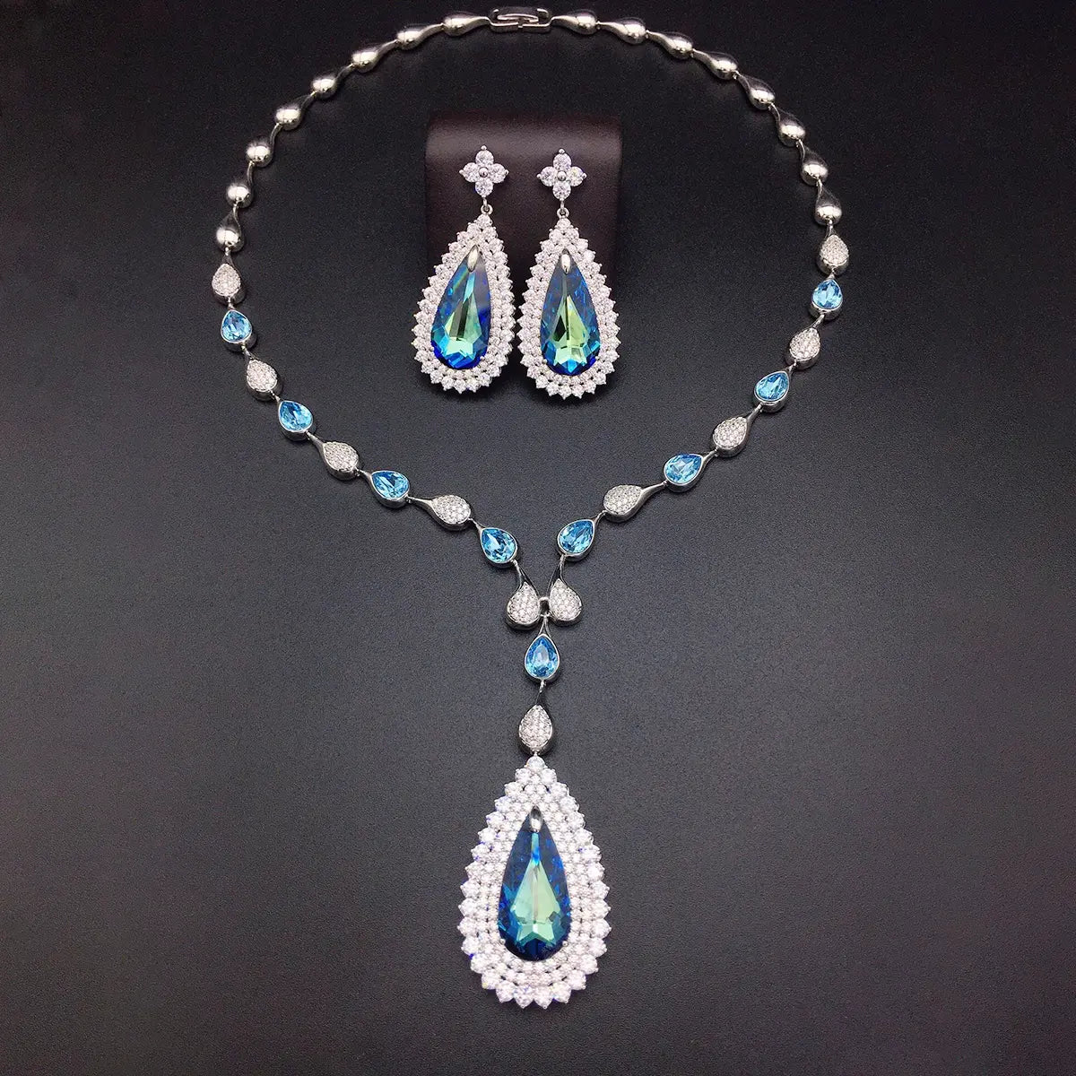 Parure Collier et Boucles d'Oreilles de Luxe en Cristal Autrichien Goutte d'Eau pour Mariage Mariée Soirée