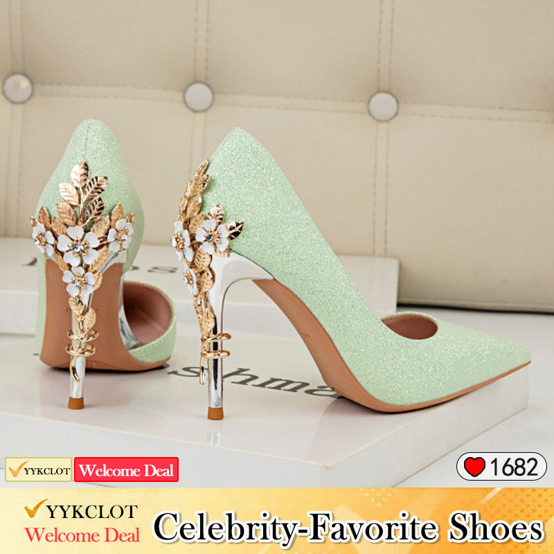 Pointed metal flower side engraved high heels