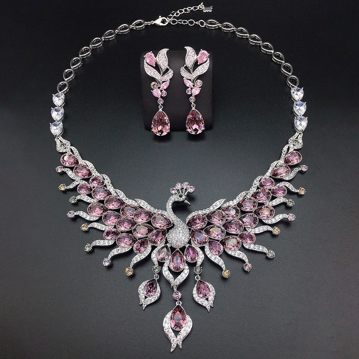 Luxury Peacock Multicolor Crystal Necklace and Earrings Jewelry Set