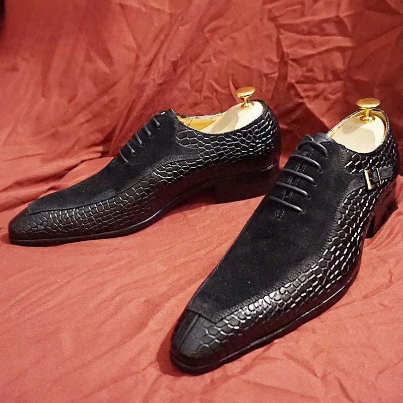 Luxury Men Oxford Shoes Lace up Split Toe Black Brown Men Dress Shoes Suede Patchwork Crocodile prints Leather Shoes Men