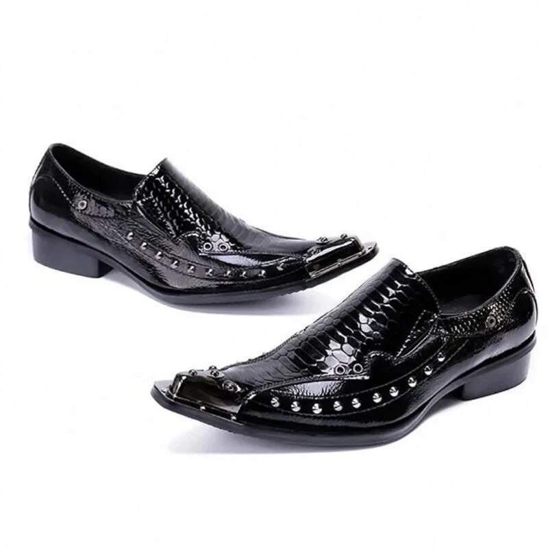 Red Serpentine Leather Splicing Rivet Party Dress Shoes