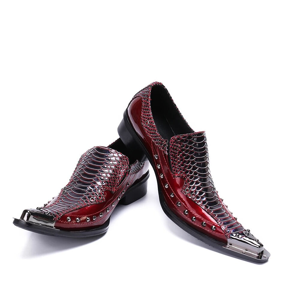 Red Serpentine Leather Splicing Rivet Party Dress Shoes