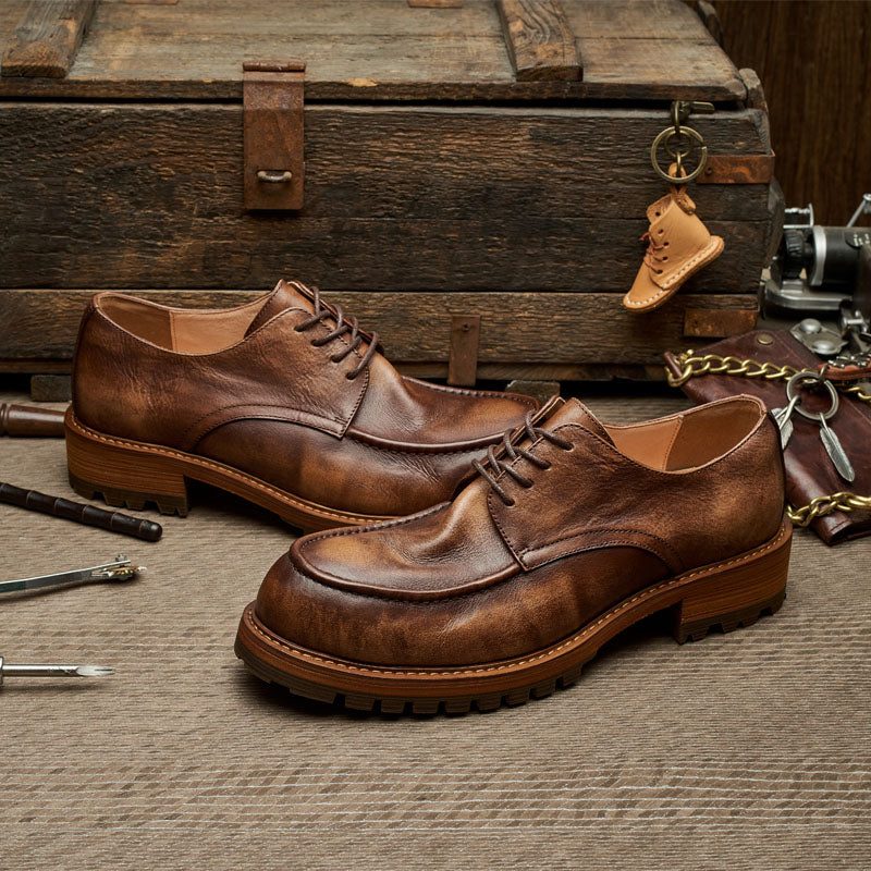 Brown retro leather shoes men's casual derby shoes