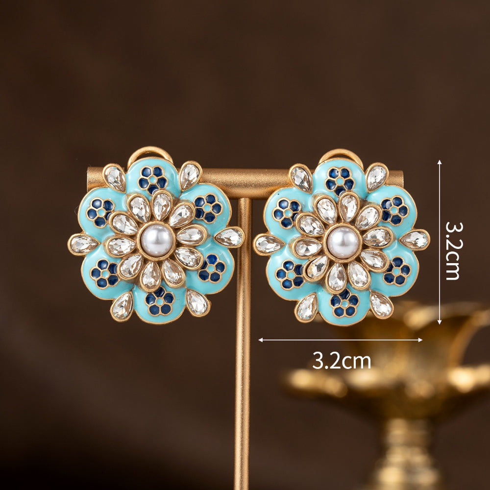 Luxury Pearl and Turquoise Blue Floral Necklace and Earrings Set
