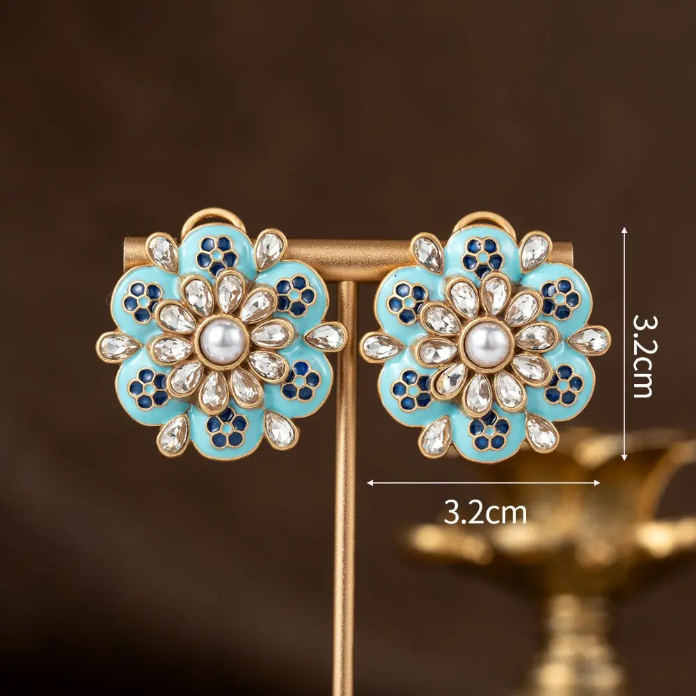 Parure Collier et Boucles d'Oreilles Fleurie Luxe Perle et Turquoise Bleue