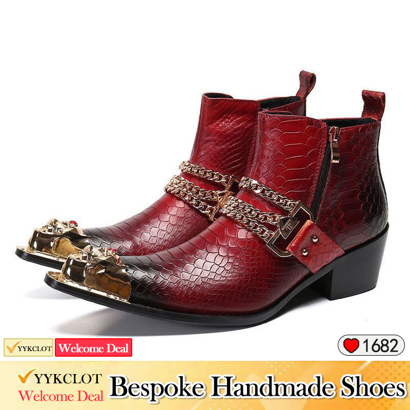 Red Leather Men Shoes Boots High Boots Metal Pointed Toe Shoes Men