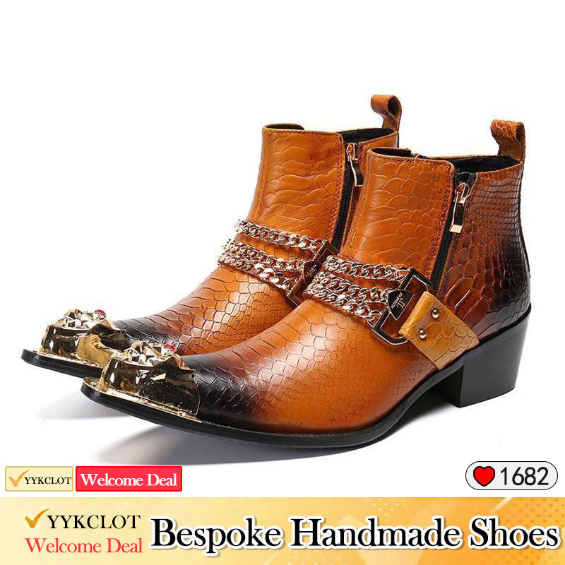 Red Leather Men Shoes Boots High Boots Metal Pointed Toe Shoes Men