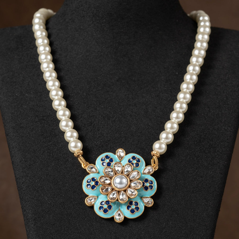 Luxury Pearl and Turquoise Blue Floral Necklace and Earrings Set