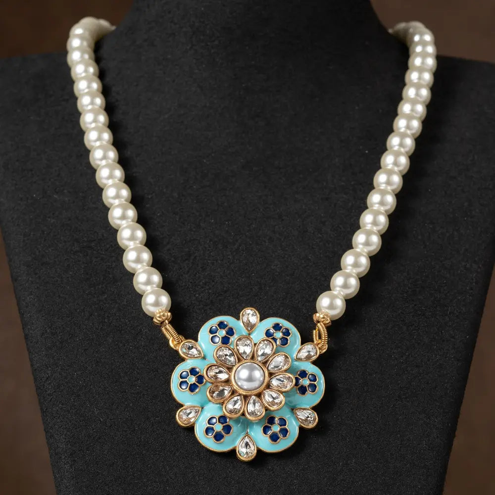 Parure Collier et Boucles d'Oreilles Fleurie Luxe Perle et Turquoise Bleue