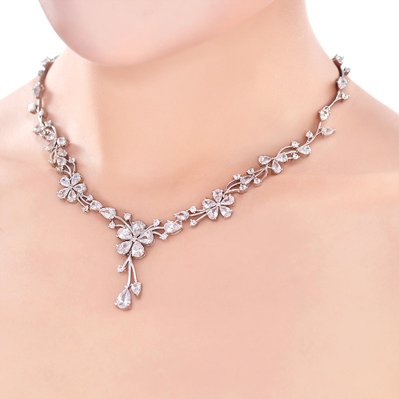 Elegant Silver Floral Crystal Necklace and Earrings Jewelry Set
