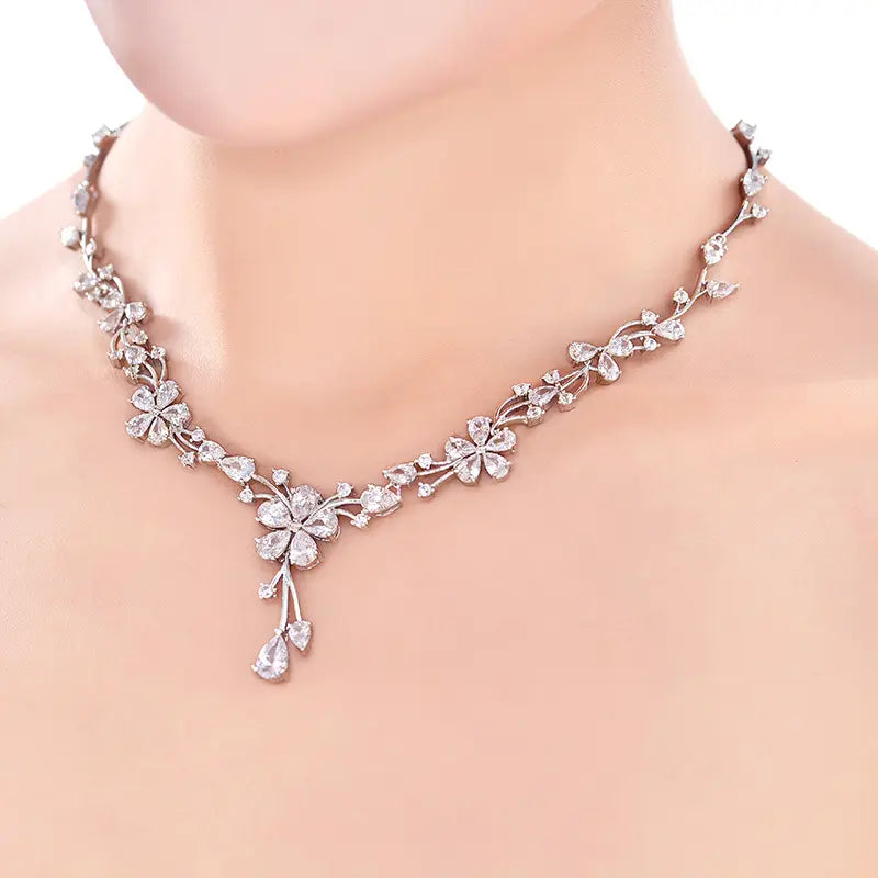 Elegant Silver Floral Crystal Necklace and Earrings Jewelry Set