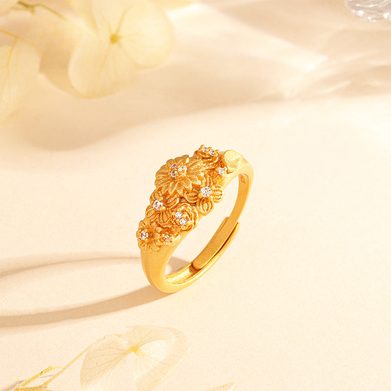 S925 Sterling Silver Gold Brushed Flower Ring