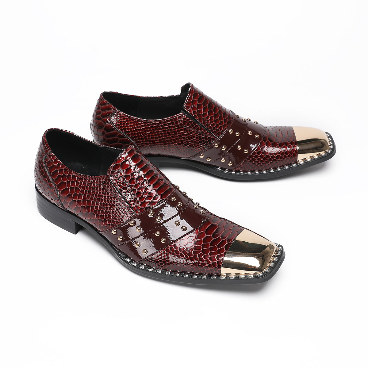 Red flat head snake skin rivet party dress shoes