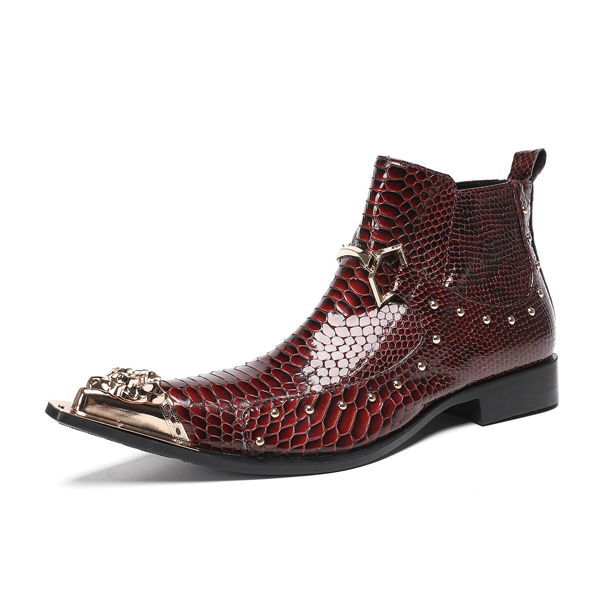 Red metal pointed snake skin metal buckle boots