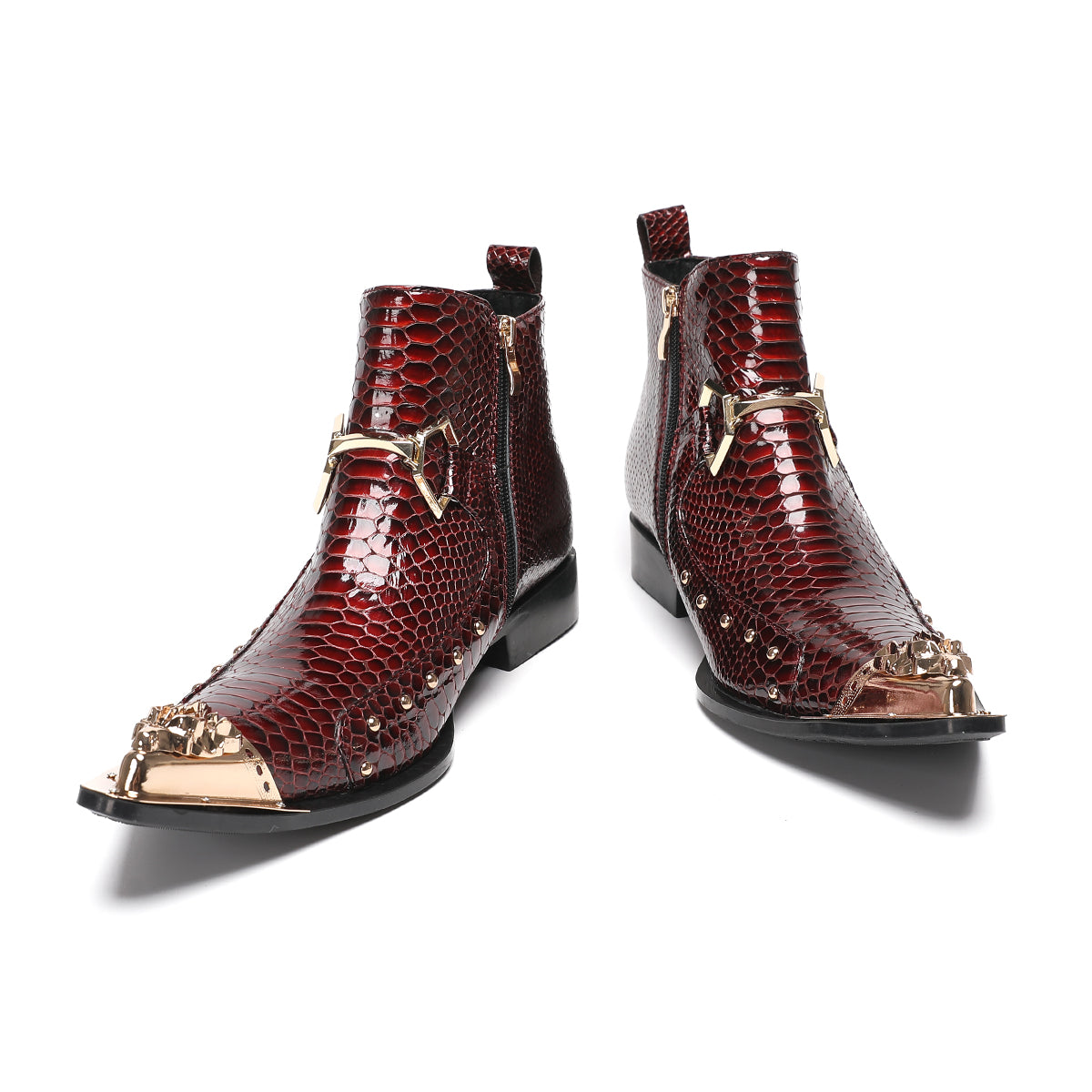 Red metal pointed snake skin metal buckle boots