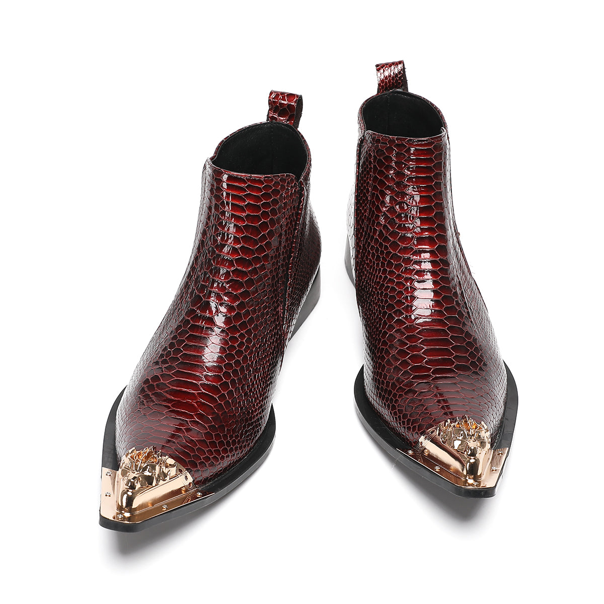 Red metal pointed snake skin metal buckle boots
