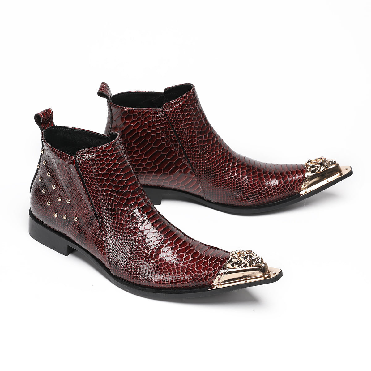 Red metal pointed snake skin metal buckle boots
