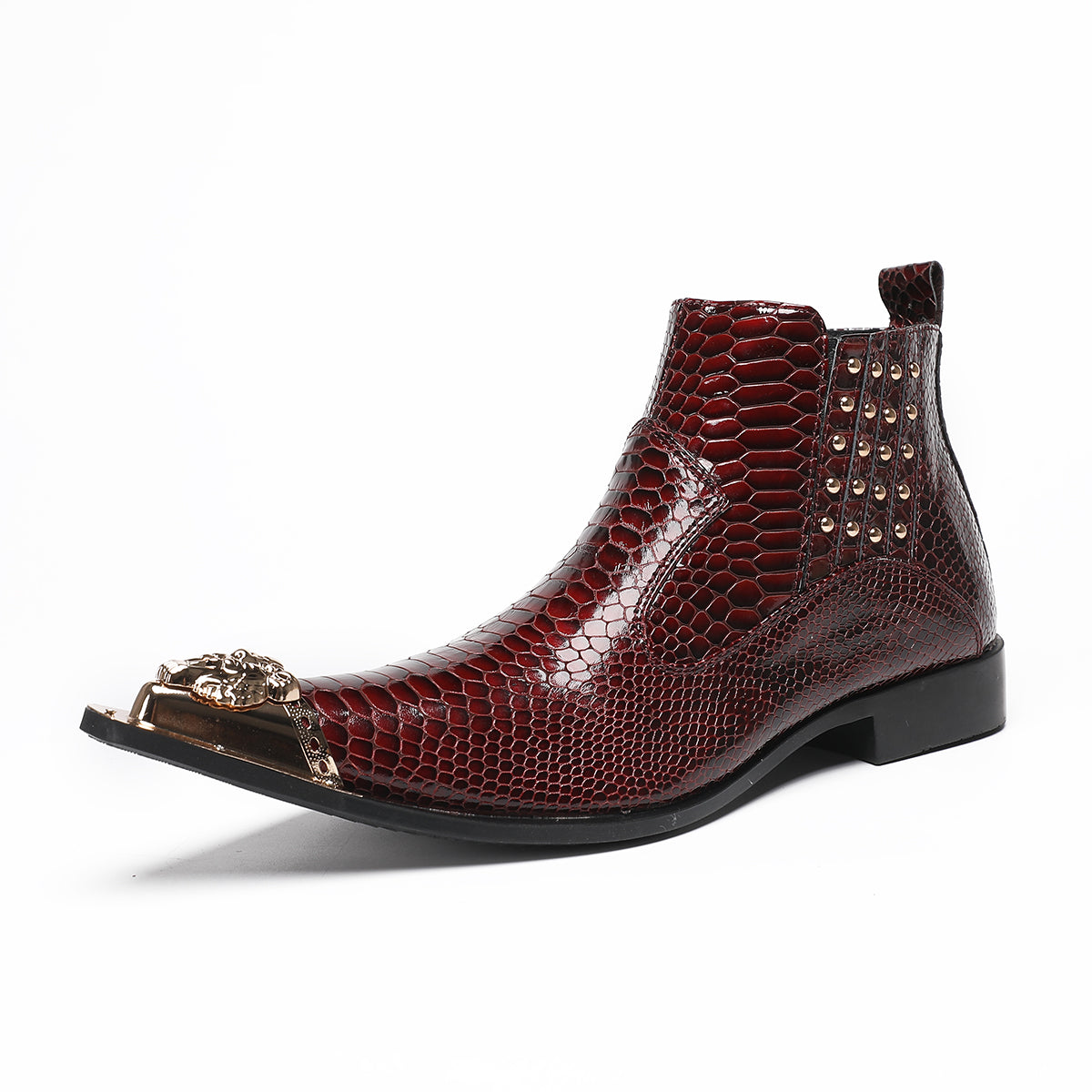 Red metal pointed snake skin metal buckle boots