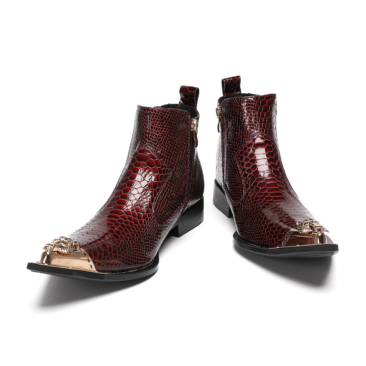 Red metal pointed snake skin metal buckle boots