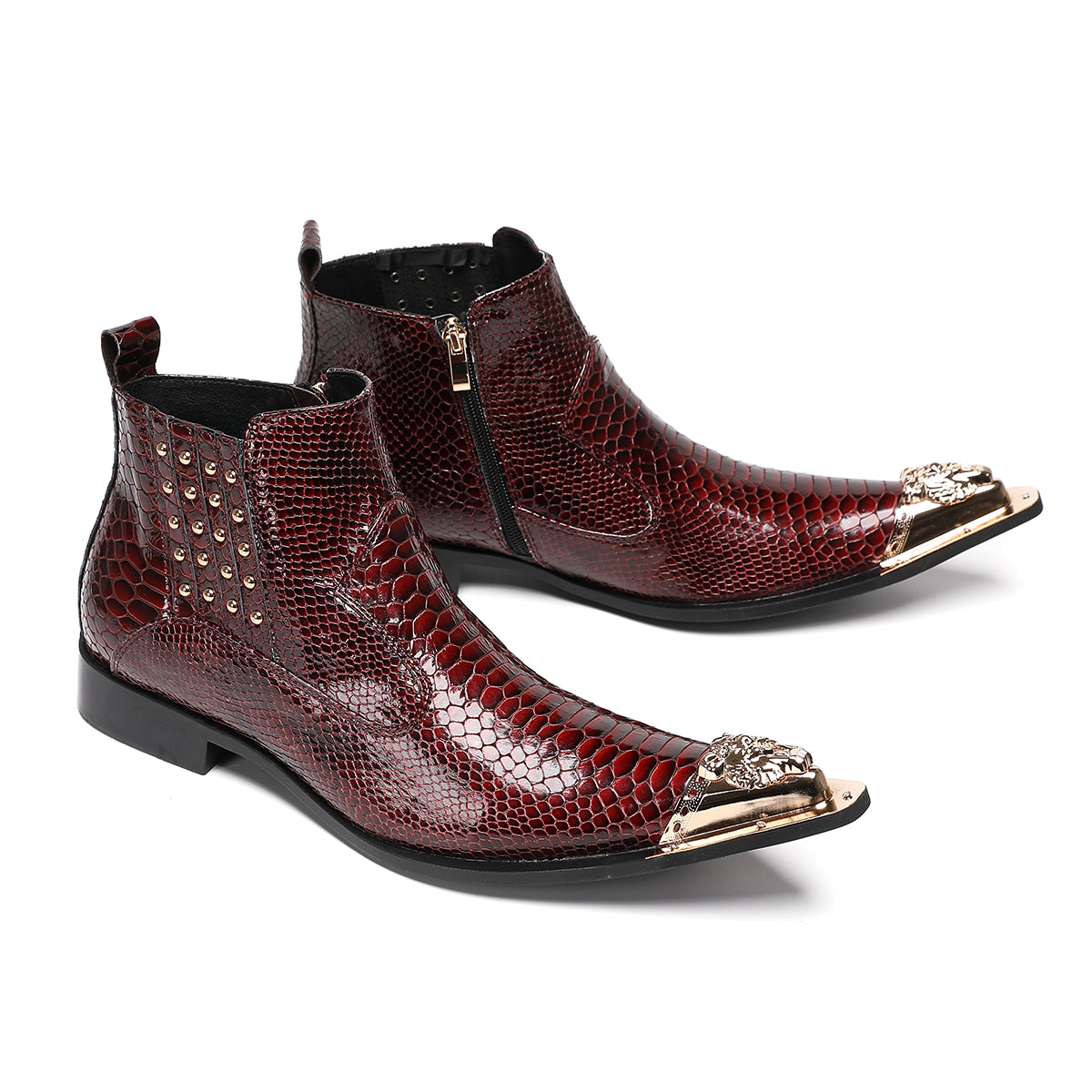 Red metal pointed snake skin metal buckle boots