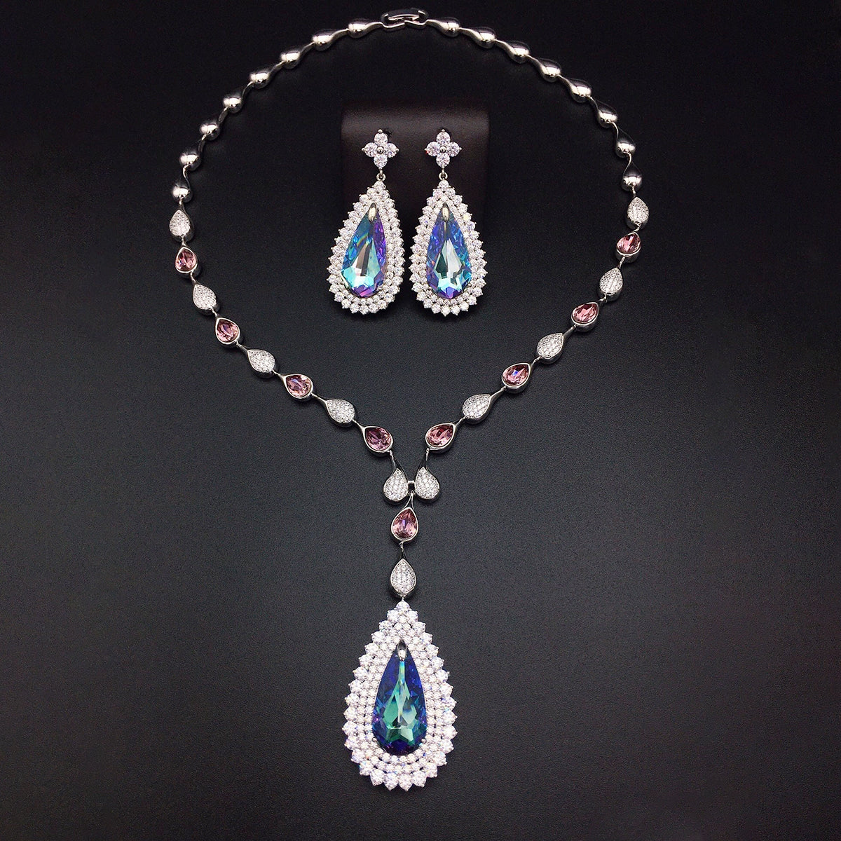 Parure Collier et Boucles d'Oreilles de Luxe en Cristal Autrichien Goutte d'Eau pour Mariage Mariée Soirée
