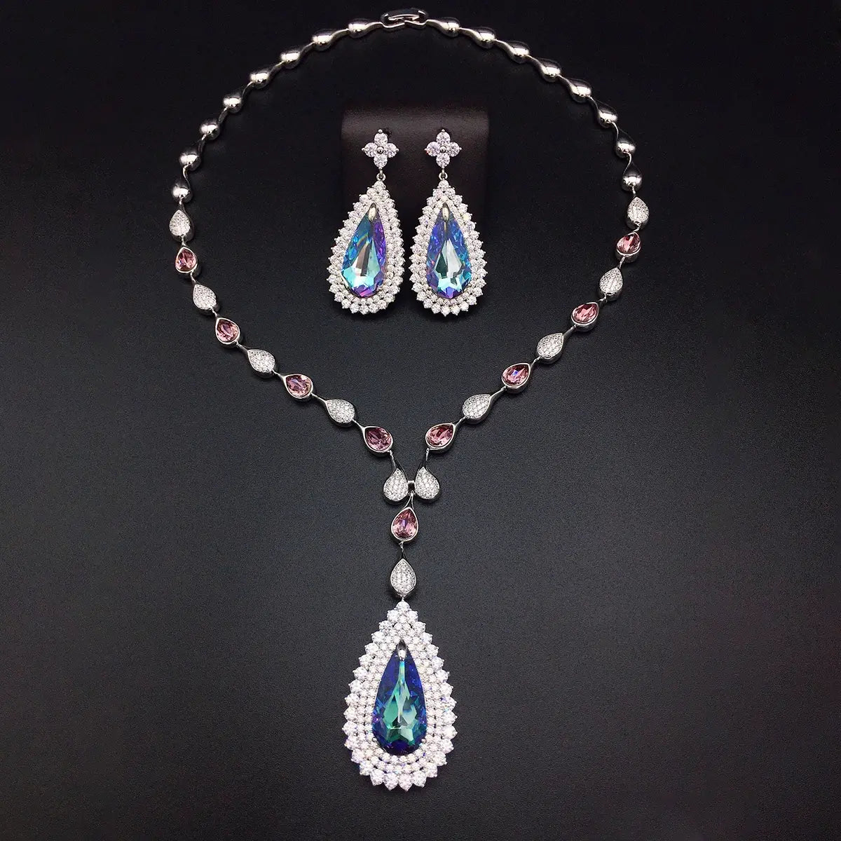 Parure Collier et Boucles d'Oreilles de Luxe en Cristal Autrichien Goutte d'Eau pour Mariage Mariée Soirée