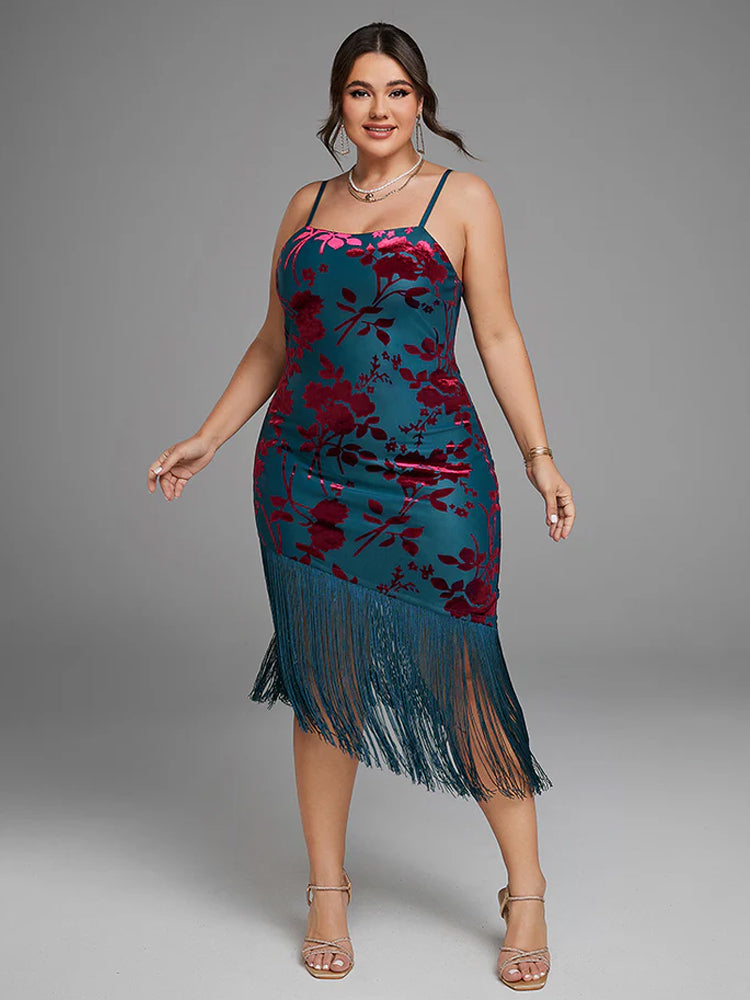 Fashionable star printed fringe trimmed velvet vest dress