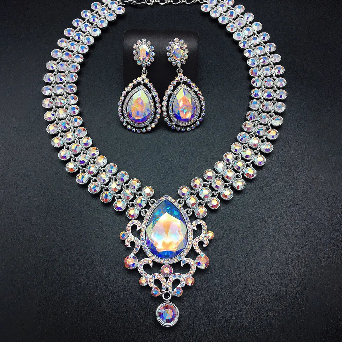 Parure de bijoux fantaisie de luxe vintage, cristal émeraude – Collier et boucles d'oreilles ornementés