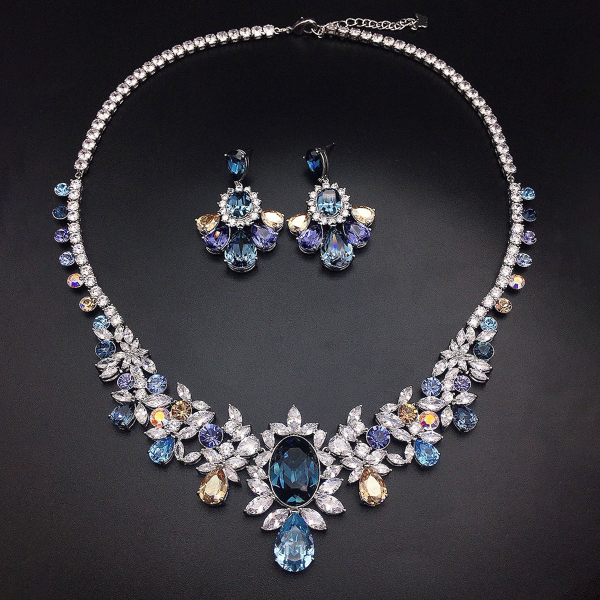 Elegant Floral Multicolor Crystal Necklace and Earrings Jewelry Set