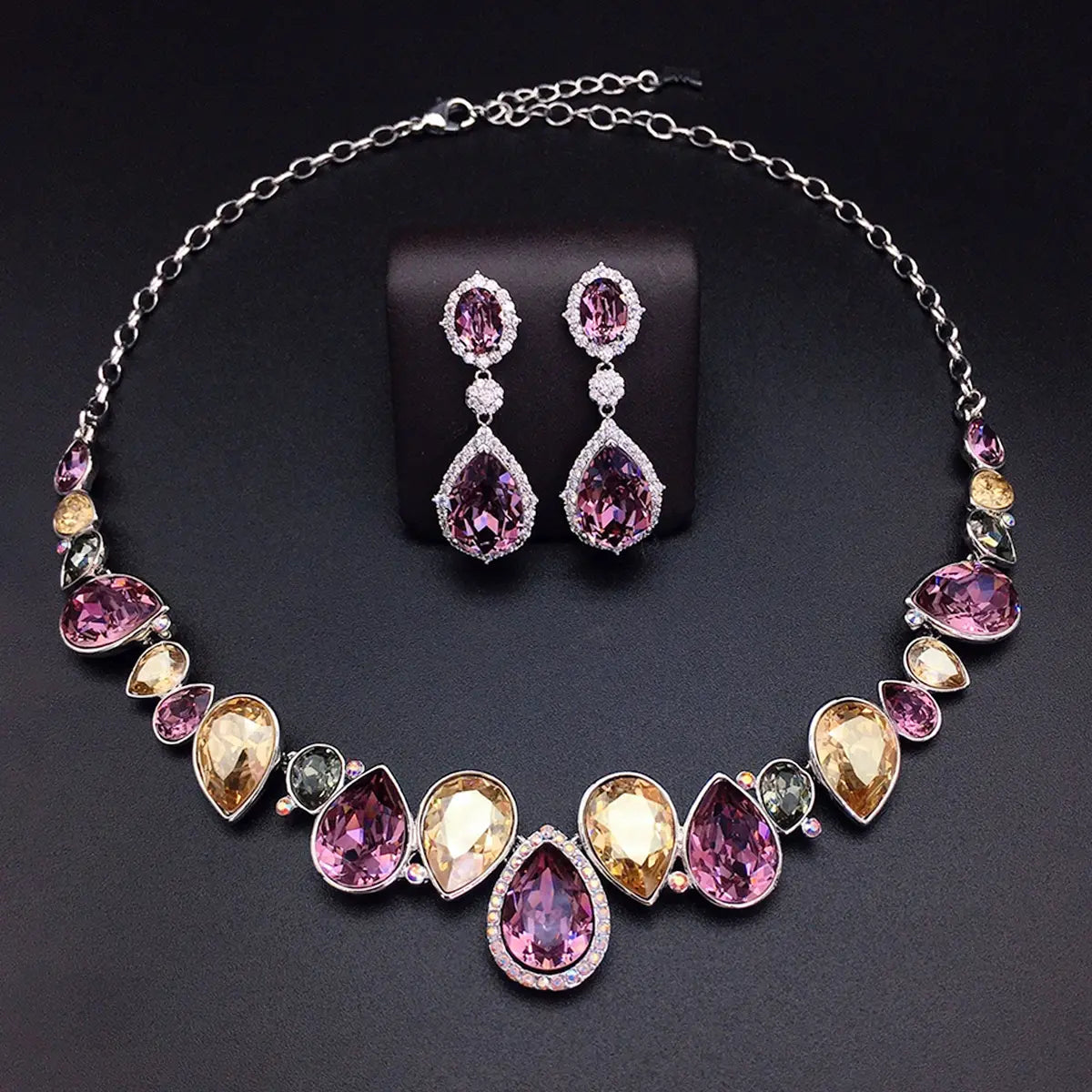 Parure Collier et Boucles d'Oreilles de Luxe Goutte Cristal Bleu Océan