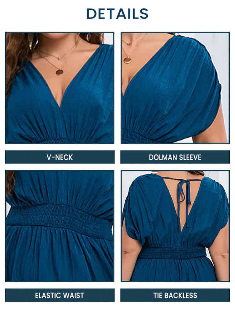 Fashionable V-Neck Dolman Sleeve Ruched Split Pocket Maxi Dress