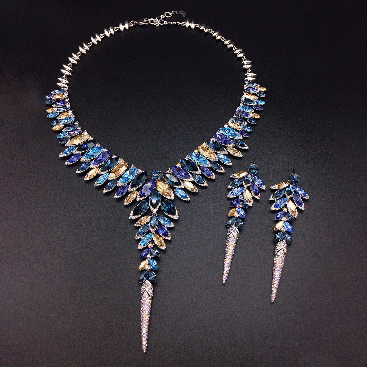 Luxury Blue Marquise Crystal Statement Jewelry Set – Elegant Necklace & Long Earrings