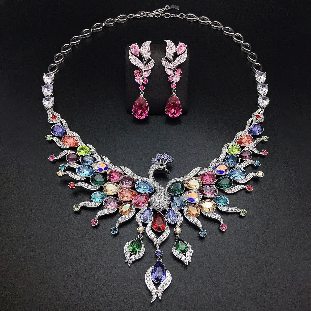 Parure de bijoux collier et boucles d'oreilles en cristal multicolore Paon de luxe