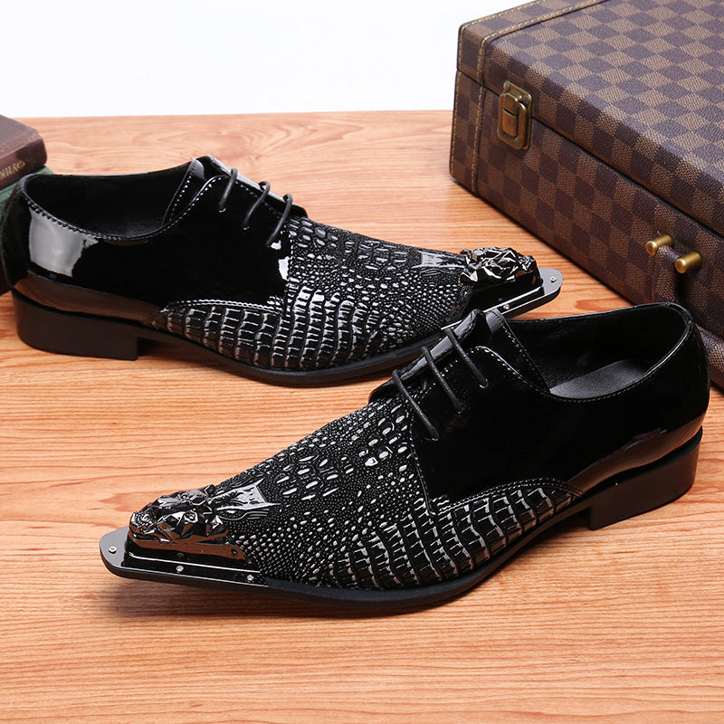 Black pointed crocodile patterned lace up dress shoes for men Plus Size black genuine leather banquet