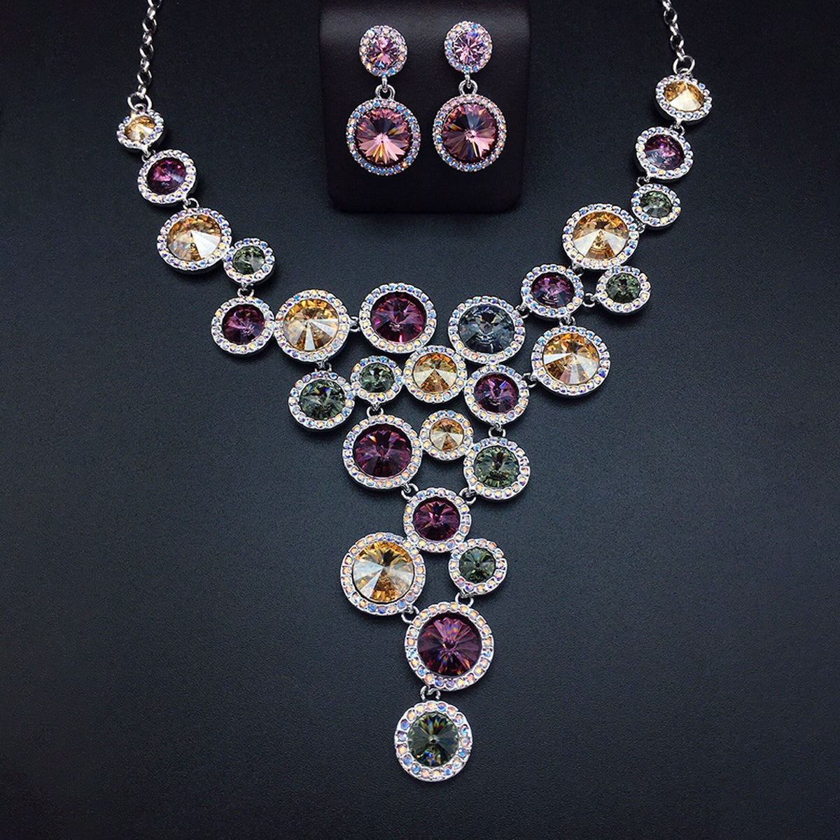 Ensemble collier et boucles d'oreilles pendantes en cristal rond multicolore de luxe