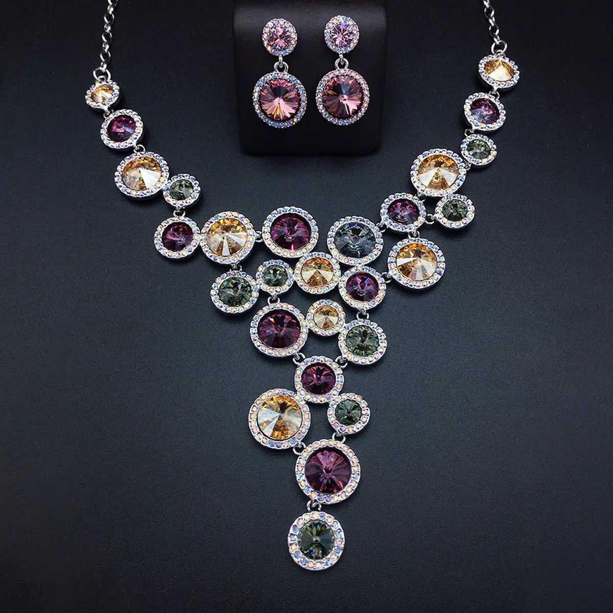 Ensemble collier et boucles d'oreilles pendantes en cristal rond multicolore de luxe