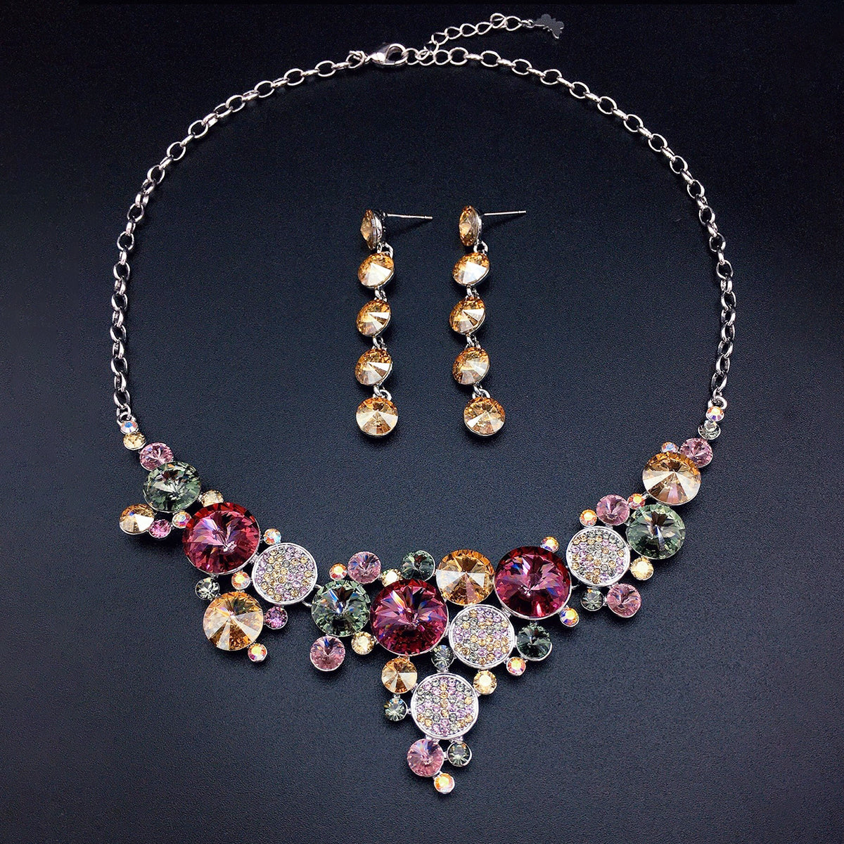 Parure collier et boucles d'oreilles tendance en cristal rond multicolore de luxe