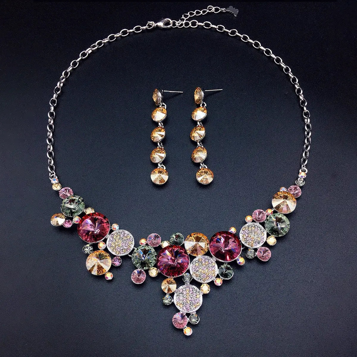 Parure collier et boucles d'oreilles tendance en cristal rond multicolore de luxe