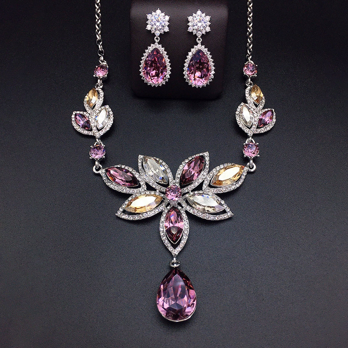Luxury Blue Crystal Flower Necklace and Earrings Jewelry Set