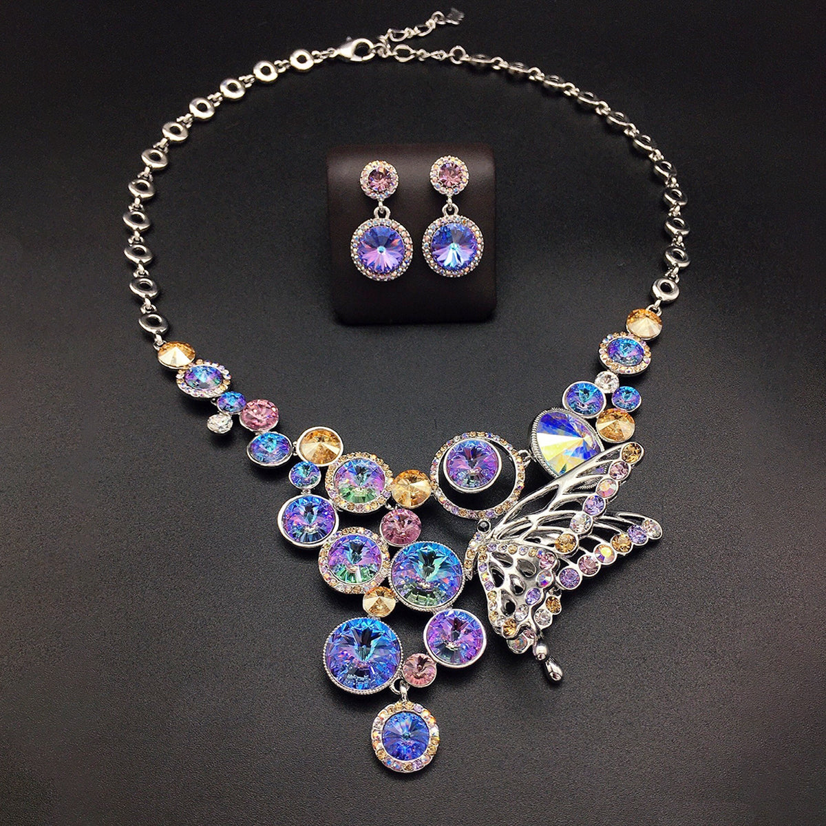 Elegant Color Crystal Butterfly Pendant Necklace Jewelry Set