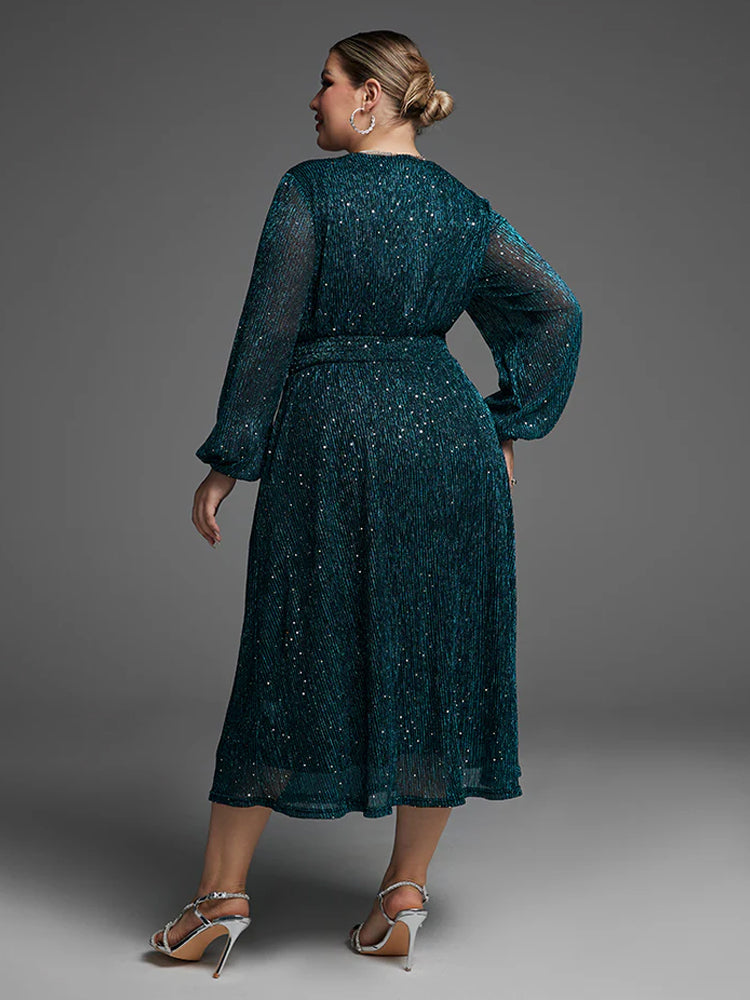 Fashionable pocket elastic waist slit sequin dress