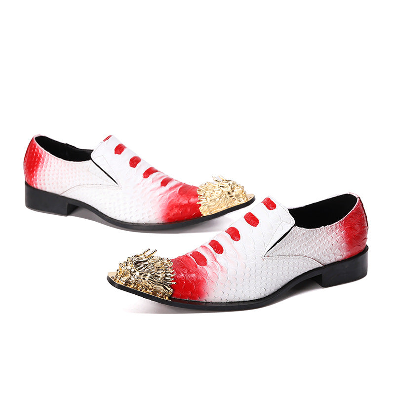 Golden pointed snake patterned leather graffiti dress shoes