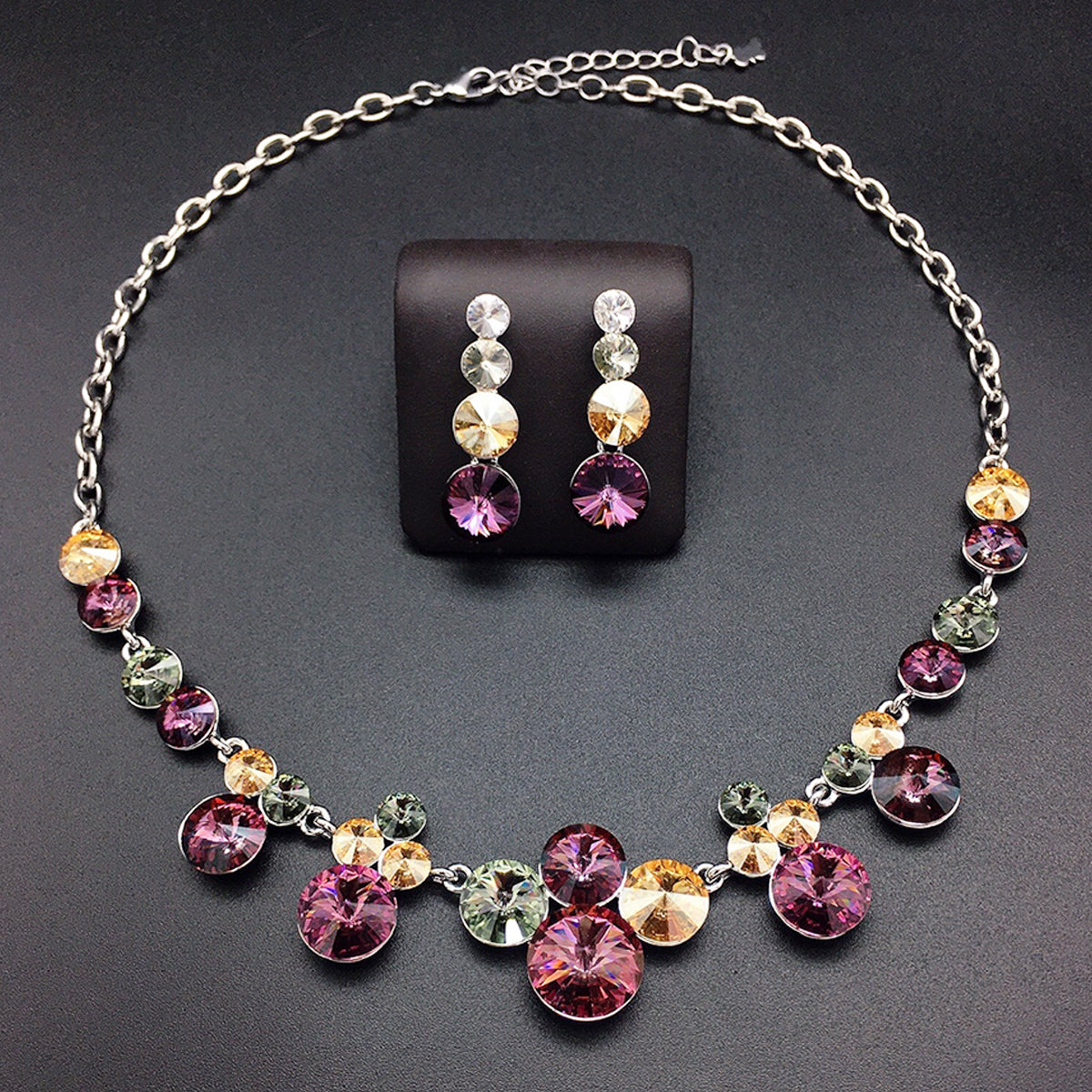 Luxury Blue Round Crystal Necklace and Earrings Jewelry Set