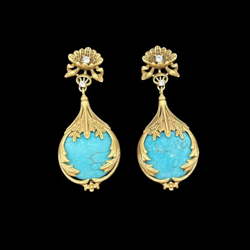 Ensemble collier clous d'oreilles fleuris en trois dimensions élégant style cour vintage incrusté de turquoise