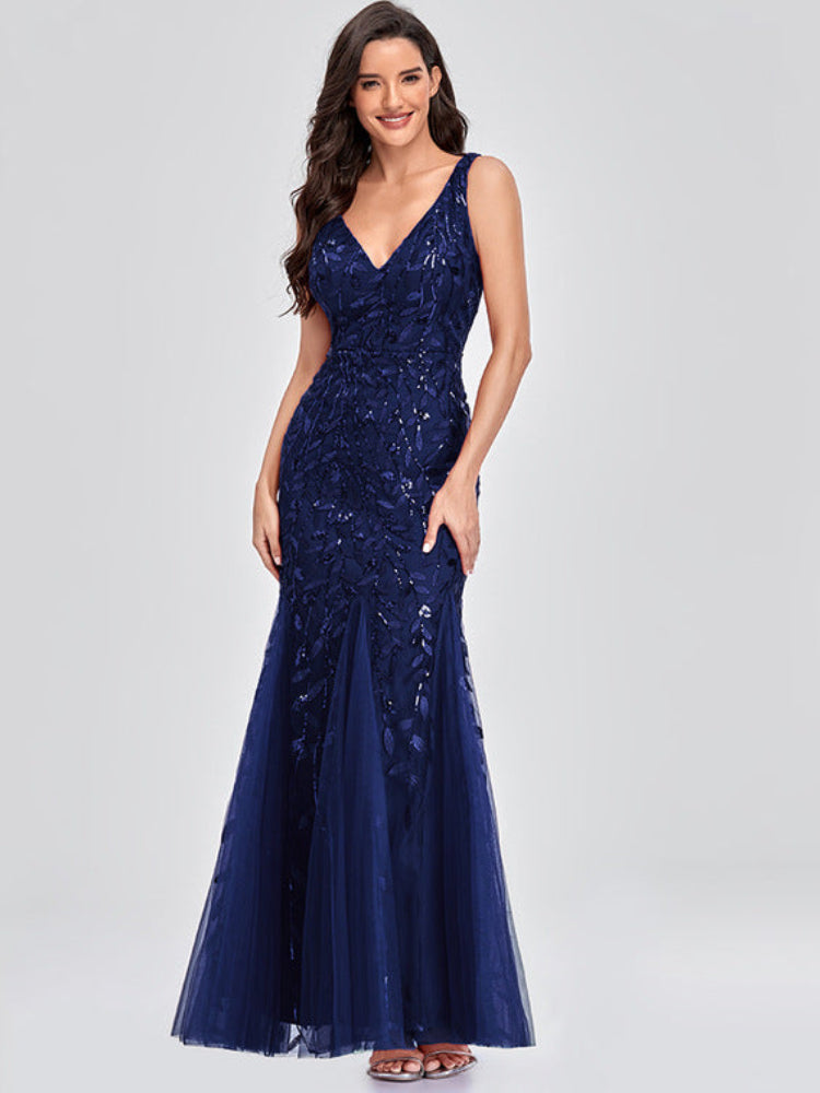 Sexy ärmelloses, besticktes Slim-Fit-Kleid mit V-Ausschnitt