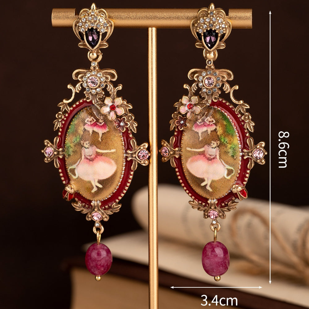 Medium vintage oil painting relief ballet girl stud earrings