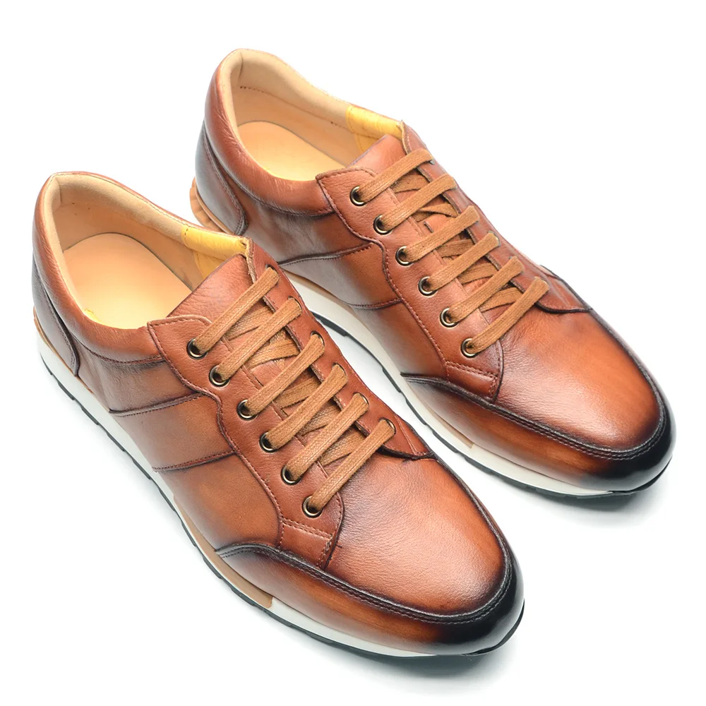 Baskets décontractées en cuir véritable, chaussures quotidiennes vintage en cuir à lacets pour hommes