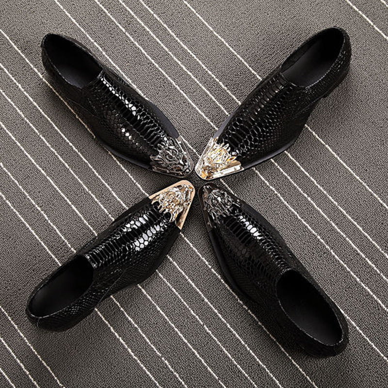 Black snake patterned metal toe handmade formal dress shoes