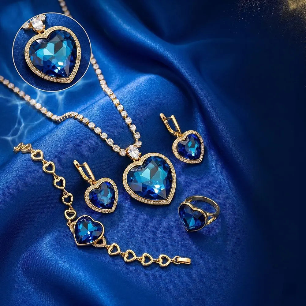 Ensemble de collier élégant en cristal autrichien « Cœur de l'Océan » bleu classique, ensemble de quatre pièces